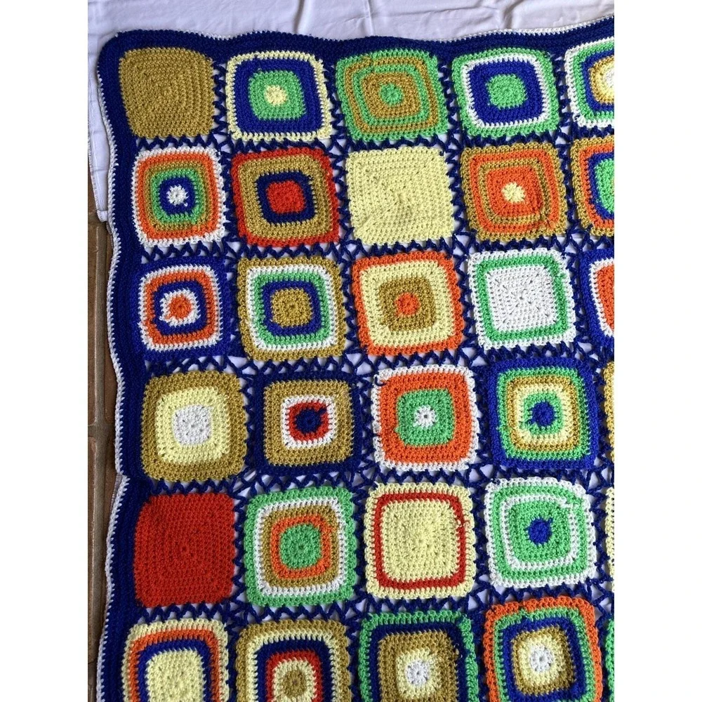 Vtg Squares Crochet Afghan 70's Granny Blanket Multicolor 43
